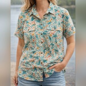 Duluth Trading Co Womens Shirt Top sz L Button Down Floral Hummingbird Pockets